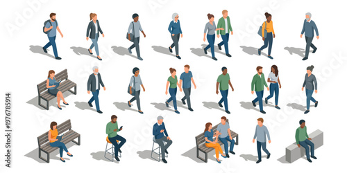 A detailed collection of stylized human character sprites showing people in various everyday activities such as walking, sitting, working, and interacting. 