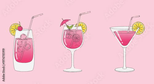 Vector illustration of three pink cocktails including a highball glass with cherry, a wine glass with a small umbrella, and a martini glass with a lemon garnish on a pink background.