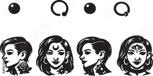 Nose and ear piercing silhouette icons. hoop and stud with body art with nose ring silhouette vector