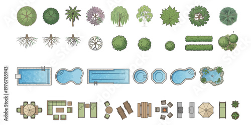 A complete landscape design asset pack featuring trees, pools, pathways, and outdoor elements arranged in a top-down view. Ideal for map creation, simulation games, and architectural visualization.