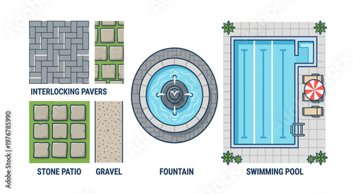 Top-down pool design variations including circular fountains, rectangular pools, and decorative layouts. Ideal for luxury outdoor design, resorts, and landscape architecture concepts.