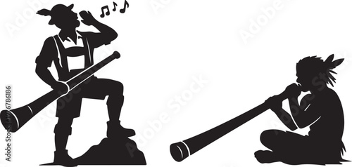 Yodeler and didgeridoo player icons silhouette vector art with wind instrument