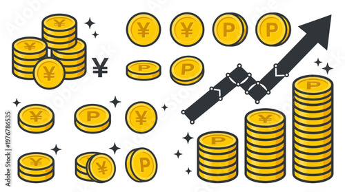 Japanese Yen Gold Coins and Point Icons Set with Rising Growth Arrow, Financial and Economic Success Concept Vector