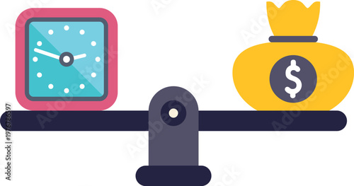 Time and money bag balancing on a weighing scale representing value and business