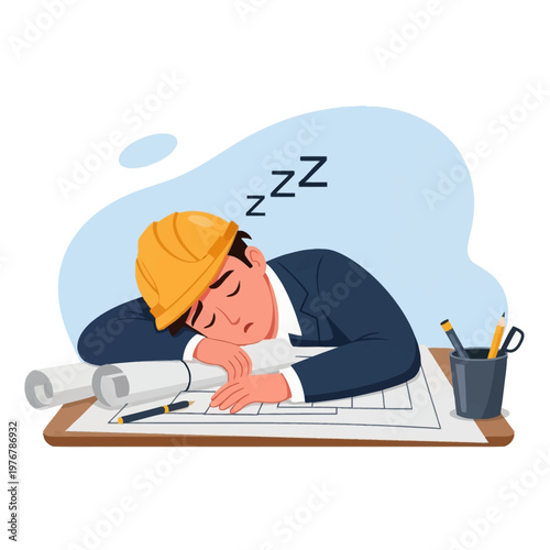 Exhausted male architect in a yellow hard hat and blue suit sleeping on a desk with blueprints and architectural drawings, overtime and fatigue concept vector illustration.