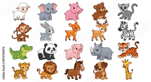 Collection of cute cartoon wild and farm animals standing in four horizontal rows