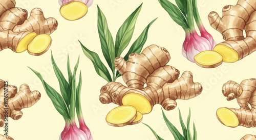 Watercolor seamless pattern featuring whole ginger rhizomes, round yellow ginger slices, green pointed leaves, and red shallots with stems on a pale yellow background.