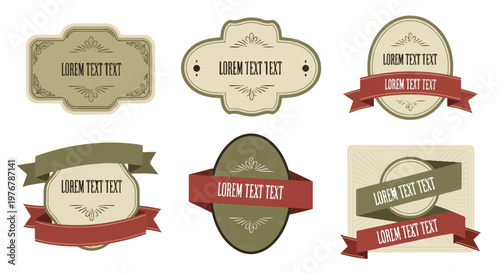 Vintage label and tag designs with ribbons and text placeholders