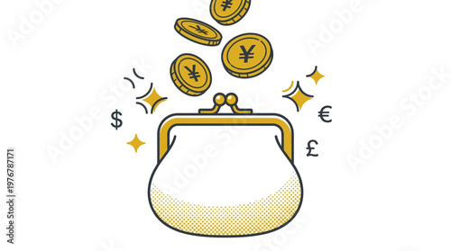 Global Finance Concept Vector Illustration of Yen Coins Falling into a Purse with Dollar, Euro, and Pound Symbols. Perfect for Savings, Investment, and Wealth Management.