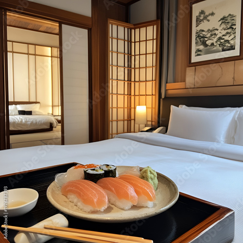 Savoring sushi delights in a luxury hotel room tokyo culinary experience cozy ambiance close-up view food culture
