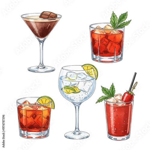 Watercolor illustration set of five distinct cocktails including espresso martini, gin and tonic, negroni, and bloody mary with ice, lime slices, and mint on white background.