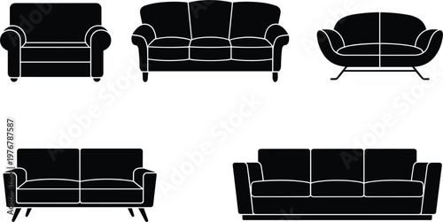 Modern sofa and couch silhouette set, featuring comfortable living room furniture, seating icons and home decor