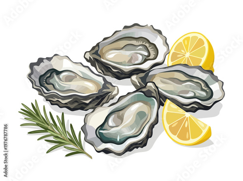 Vector Illustration of Fresh Oysters on the Half Shell with Lemon Wedges and Rosemary Sprig. Gourmet Seafood Appetizer Isolated on White Background.
