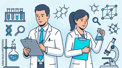 Professional Male and Female Scientists Conducting Research in a Science Laboratory with Molecular Icons, Microscope, and Lab Equipment, Vector Illustration