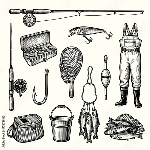 Fishing Icon Set: Vintage Engraving Style Tackle, Rod, Reel, and Outdoor Gear