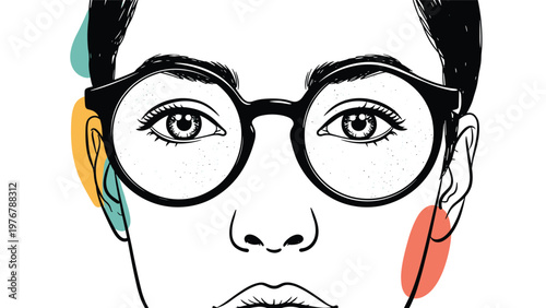 Artistic portrait of a woman wearing round glasses with colorful abstract shapes in the background for a modern stylish look.