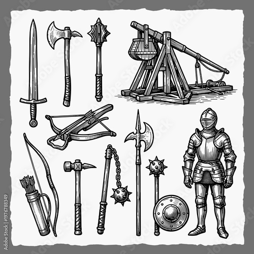 Medieval weapons set: broadsword, battle axe, crossbow and plate armor in bold engraving style