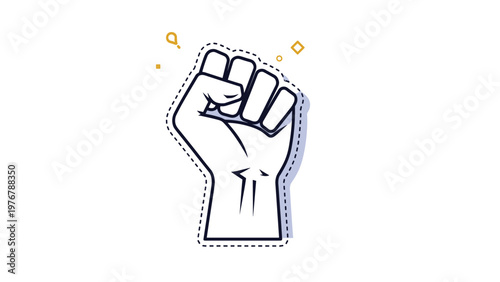 Illustration of a raised clenched fist within a dashed outline representing protest, power, unity, and social justice activism.
