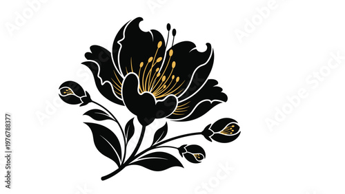 Elegant black flower illustration with delicate golden stamens and buds on a white background for sophisticated floral design.