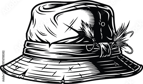 Vintage Fishing Bucket Hat with Fly Lures Hand Drawn Engraving Vector