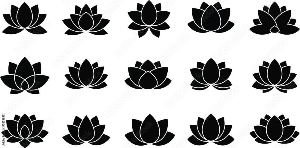 Obraz premium Collection of black lotus flower with white outlines on white background symbol