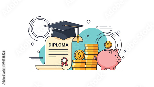 Education savings and financial planning concept featuring a graduation cap on a diploma with coins and a pink piggy bank.