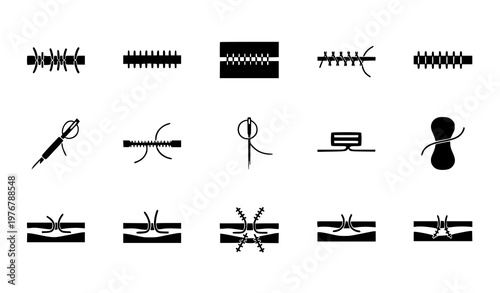 Title:
Suture medical icon set flat vector collection of surgical stitches and wound closure symbols isolated on white background