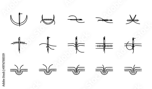 Title:
Suture outline icon set surgical stitch line vector collection for medical UI isolated on white background