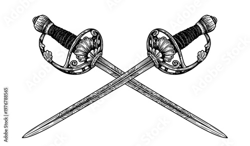 Title:
Vintage crossed rapiers vector illustration classic dueling swords engraving style isolated on white background