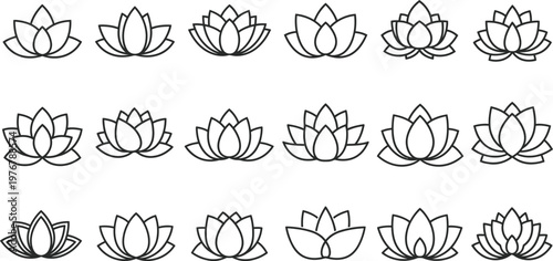 Collection of black outline lotus flower in various styles symbol black and white floral