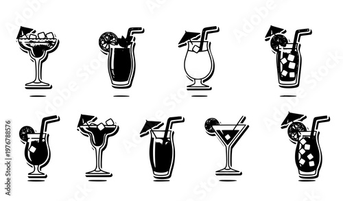 Title:
Cocktail drink sticker icon set playful vector collection of bar beverages with garnish isolated on white background
