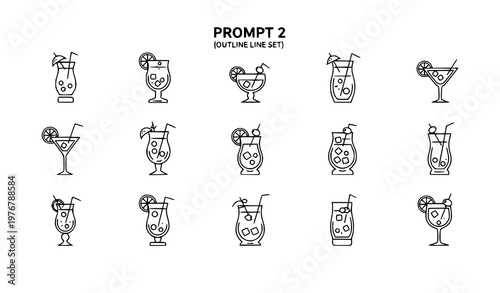 Title:
Cocktail drink outline icon set modern line vector collection of bar glasses isolated on white background