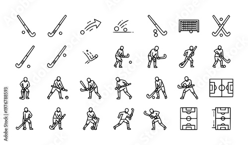 Title:
Grass field hockey outline icon set modern line vector collection of sports elements isolated on white background