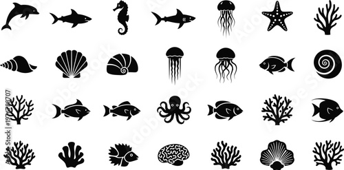 Collection of black silhouette of marine life and coral dolphin shark seahorse jellyfish starfish