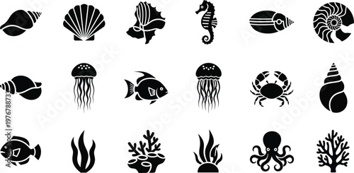 Collection of black silhouette of marine life and shells seashell conch scallop seahorse nautilus