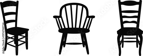 Vintage wooden chairs silhouette set, featuring classic furniture designs, rustic seating icons and home interior decor