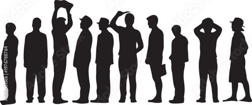 Silhouettes of diverse people standing in various poses isolated on transparent background