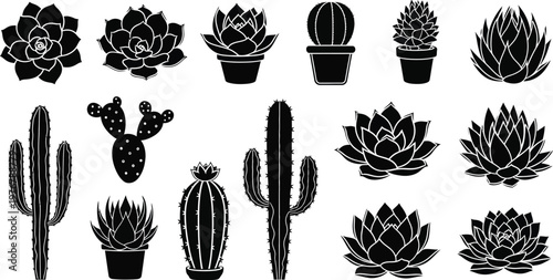 Collection of black silhouette of various cacti and succulents cactus plant black and white
