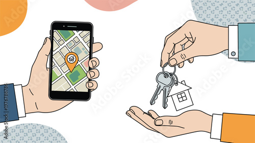 Real estate and property buying concept with a smartphone showing a map and house keys being handed over between people.