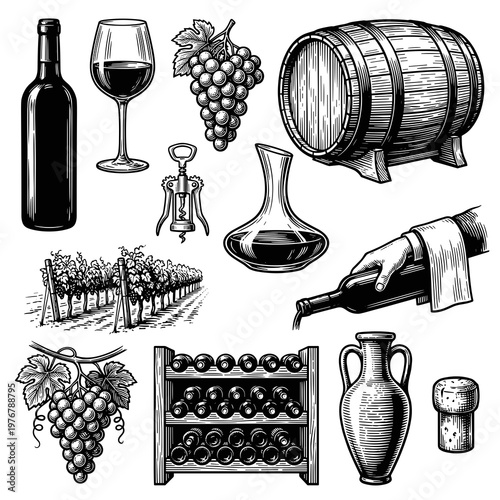 Wine and winery set, engraving style illustrations of bottle, glass, grapes, barrel and decanter