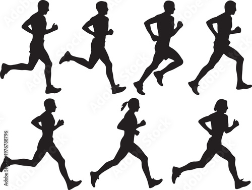 Silhouettes of different runners in motion isolated on transparent background