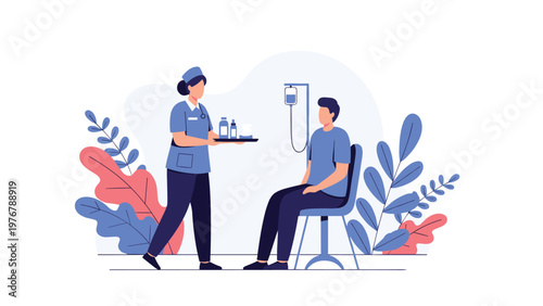 Nurse in blue uniform provides medical care to a patient sitting in a chair with an intravenous drip in a hospital.