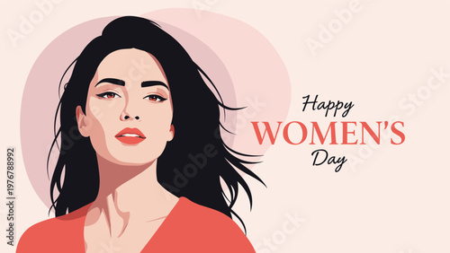 Artistic portrait of a confident woman with long black hair celebrating Happy Women's Day on a pink background.
