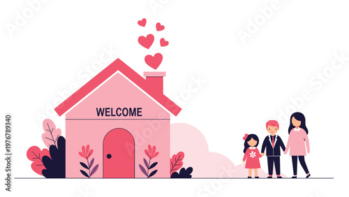 Happy young family stands together next to their pink dream home with heart shaped smoke rising from the chimney.