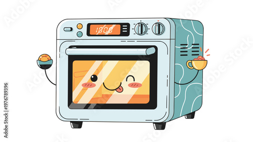 Adorable smiling cartoon electric oven with a winking face holding a sweet cupcake and a warm drink in its hands.