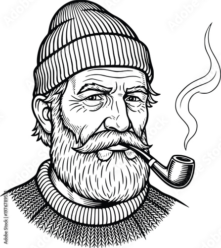 Vintage Fisherman Portrait with Beanie and Pipe Hand Drawn Vector Illustration
