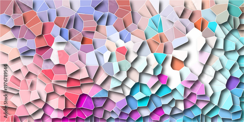 Quartz light multicolor Broken Stained Glass Background white stoke with shadows. Abstract colorful mosaic pattern Seamless Geometric Retro tiles .Cement kitchen decor with crack floor light design. 