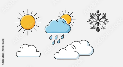 Weather icons with sun, clouds, rain, and snow on a light blue background