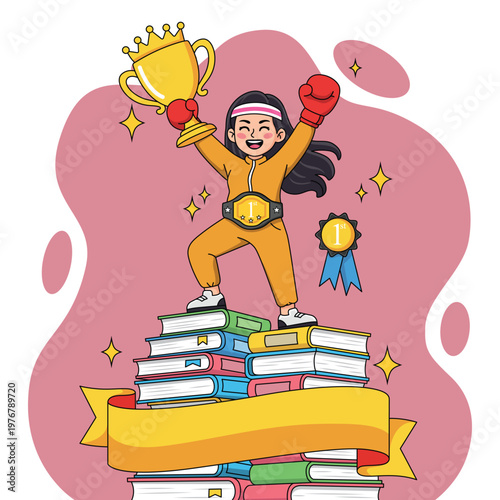 Female Student Champion Standing on Books with Trophy and Medal Success Education Concept Illustration