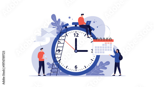 Small business professionals working together around a giant blue stopwatch to represent time management and meeting deadlines.